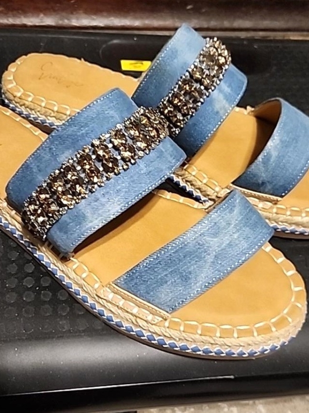 Crown Vintage Denim Blue Jeweled Double-Strap Slide Sandals - Women